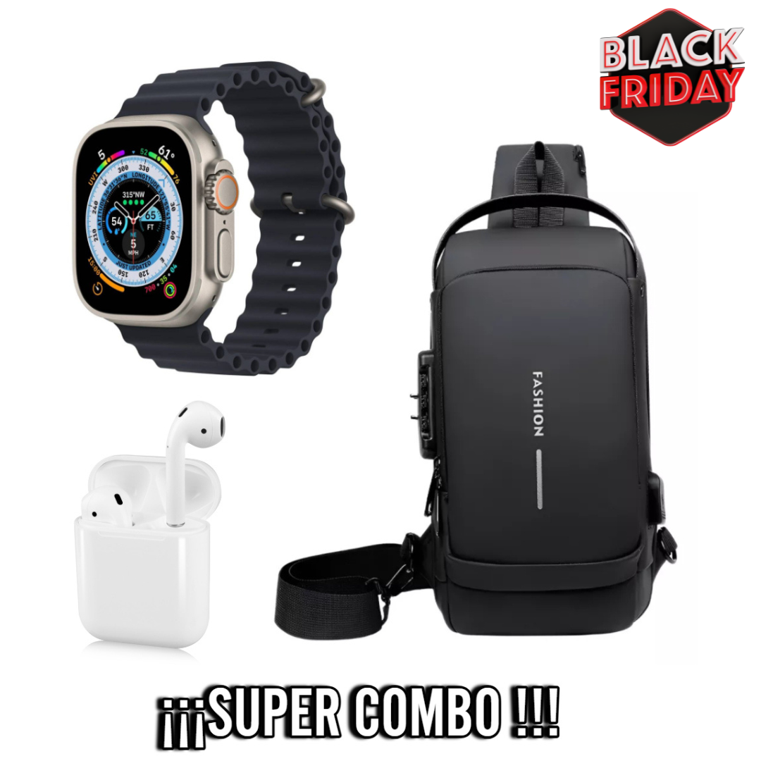 COMBO 3 EN 1 CON 50%OFF - Bolso Antirrobo + SmartWatch T800 + Auriculares i12