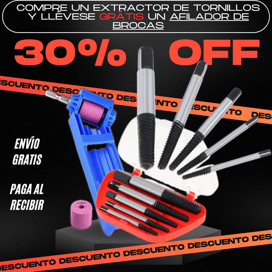 Compre un Extractor De Tornillos Rebentados  y llévese GRÁTIS un Afilador de Brocas. ¡SÓLO HOY, TE LLEVAS UNA CAJA PROTECTORA DEL EXTRACTOR Y UN RECAMBIO DE AFINADOR! ¡ULTIMAS UNIDADES!